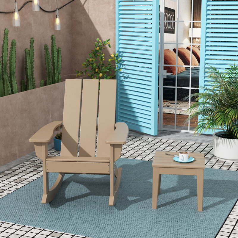 Outdoor Joubert HDPE Plastic Rocking Chair and Table, Weathered Wood
