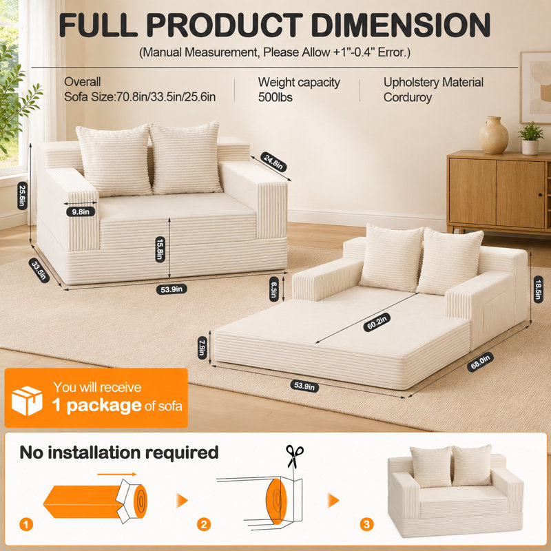 Causeuse convertible en velours côtelé Boneless, 25.6''H x 53.9''W x 33.5''D, Beige