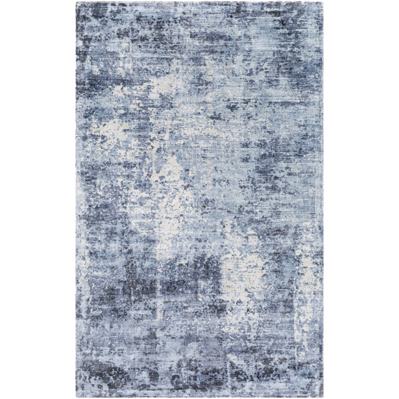 Tapis abstrait bleu fait à la main, Rectangle 5 pi x 7 pi 6 po