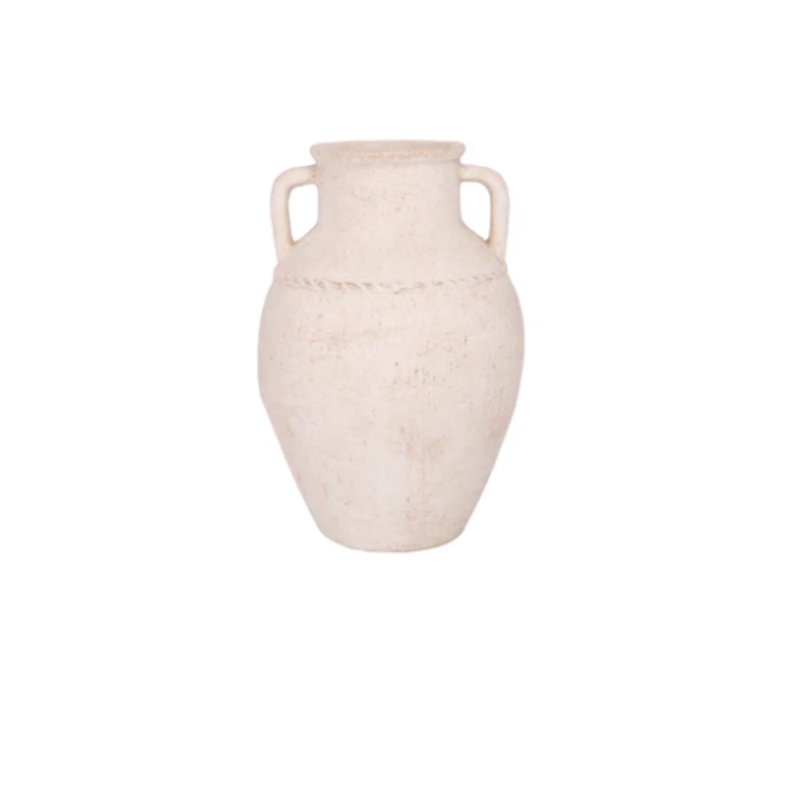 Vase en pierre avec poignée blanc cassé, H 13 po x l 8,75 po x P 8,75 po