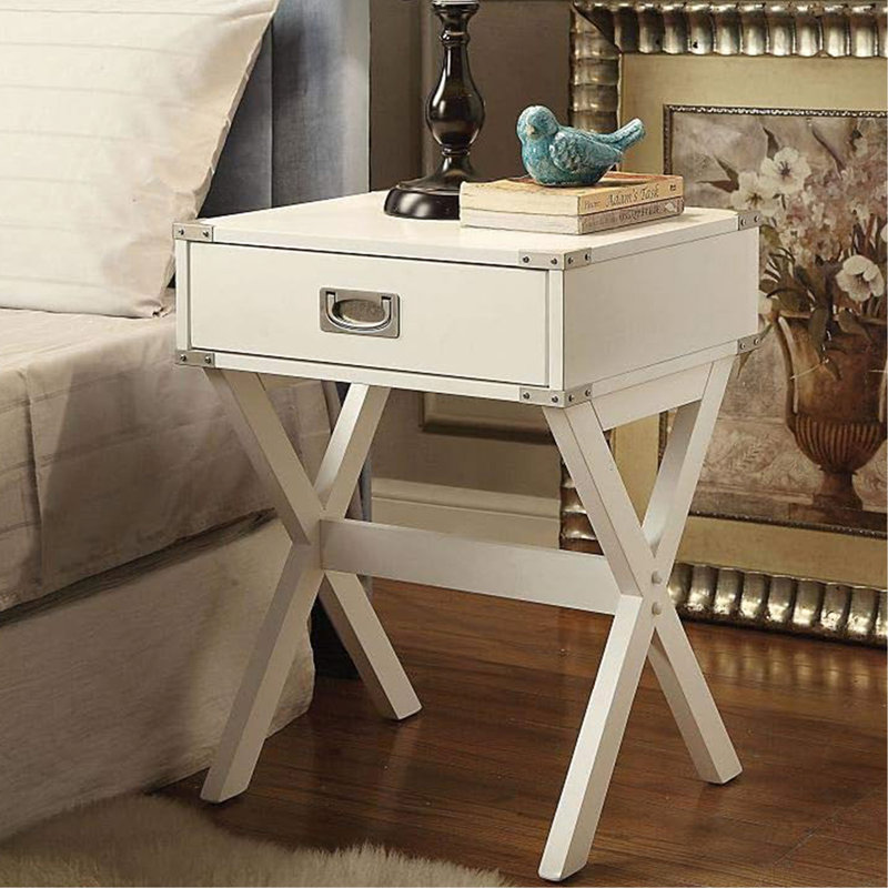 Table d'appoint carrée blanche en kit, coins métalliques, plateau en bois, piètement en forme de « X », traverse, tiroir de 38 cm x 23 cm (hauteur), glissières en kit, renforts d'angle, support de traverse, 38 cm x 23 cm x 7,5 cm