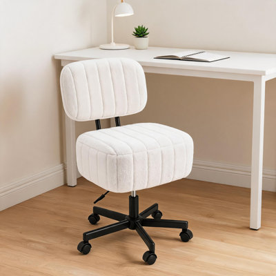 Adjustable Rolling Vanity Chair Back, 500g Faux Rabbit Fur Makeup Stool, Swivel Desk Chair, White
