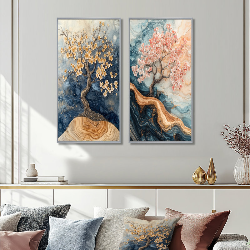 Fleur de cerisier, Sakura Serenade I - Art sur toile floral, 2 pièces, Encadrement argenté, H 32 po x l 33 po