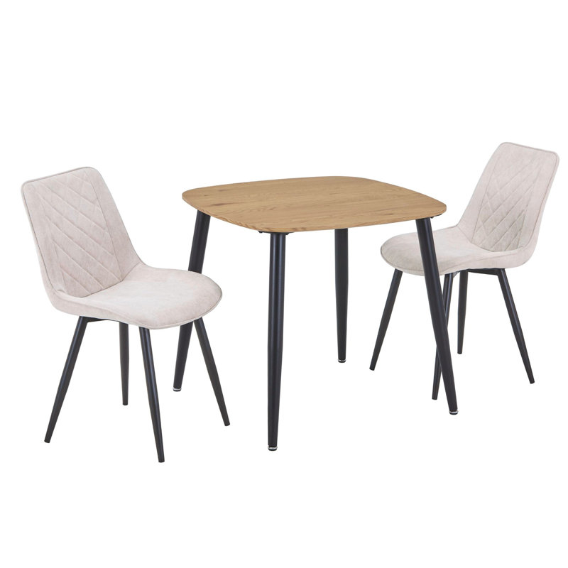 Aspen 3-Piece Casual Dining Set - Square Dining Table & Two Upholstered Diamond Fabric Chairs, Light Oak, Light Grey