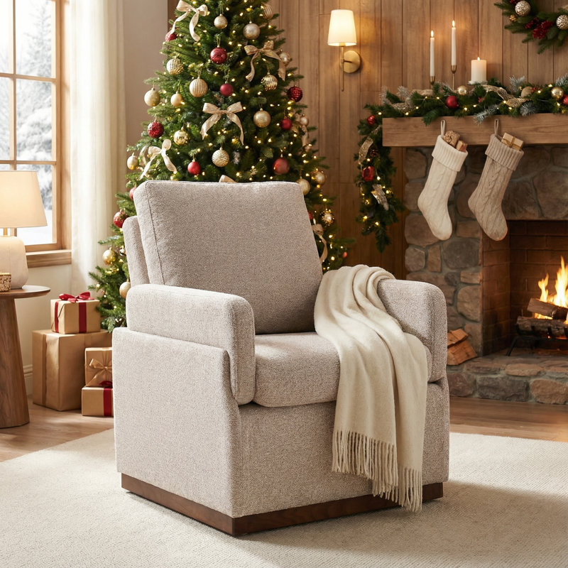 Boucle  Upholstered Accent Chair Wing Back Armchair With Solid Wood Base, Beige Coffee