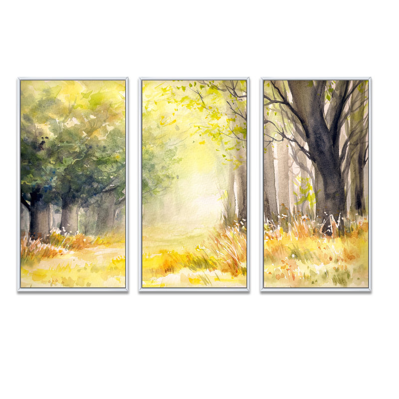 «Bright Sunshine Through The Forest Trees IV», peinture sur toile flottante 3 pièces, H 28 po x l 36 po x P 1 po, Cadre blanc