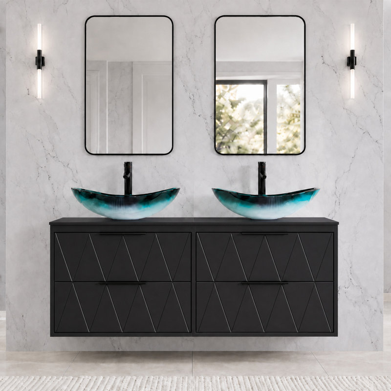 Ensemble de meuble-lavabo double mural 48 po avec vasques artistiques, peint à la main, 4 tiroirs à fermeture douce