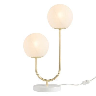 Metal 2-Light Globe Table Lamp, Modern Gold Brass Desk Lamp with Frosted Glass Globes, In-Line Switch, 60" Cord, E12 Bulbs Included for Bedroom Living Room Office