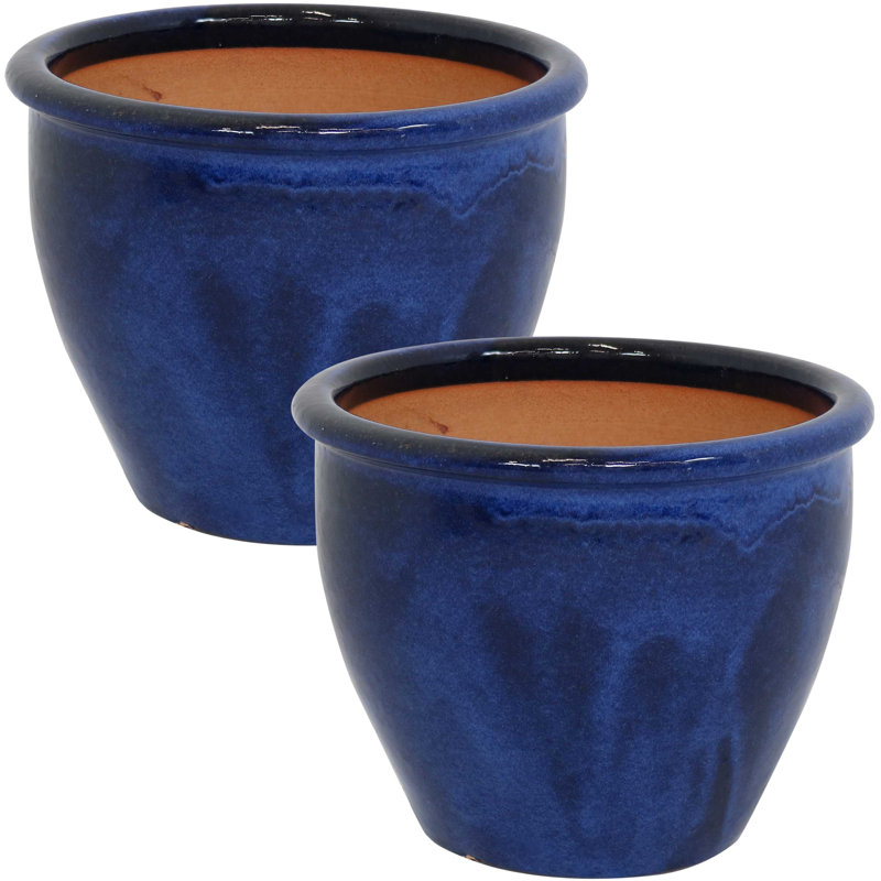 Jardinière extérieure ronde en céramique 11,75 po x 11,75 po x 9,5 po Chalet - bleu impérial, Bleu