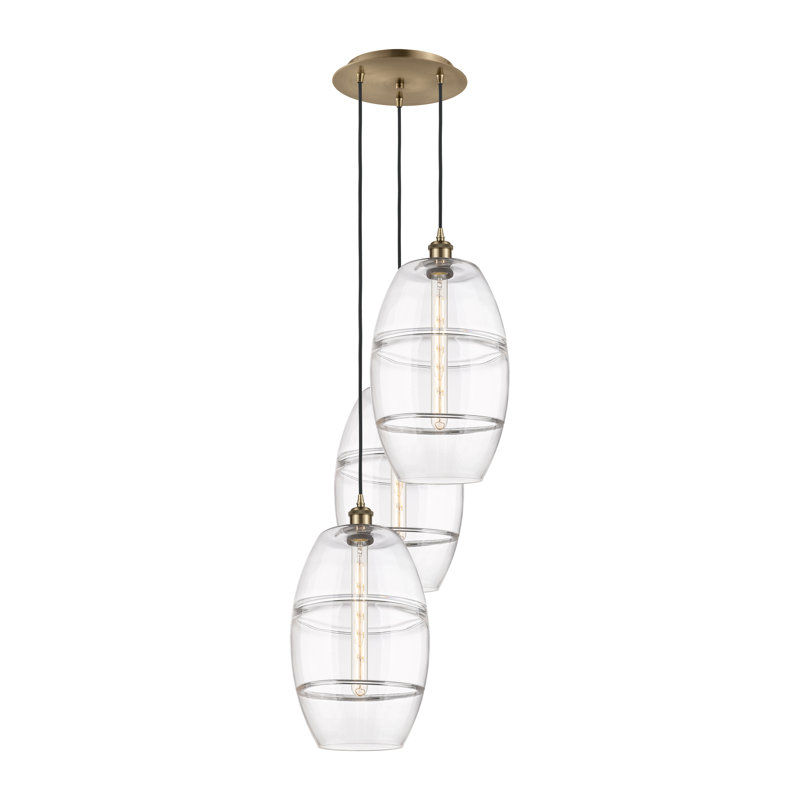 Luminaire suspendu rond / ovale 3 lumières Dundrod, H 56,25 po x l 16,5 po x P 16,5 po, Transparent, Laiton antique
