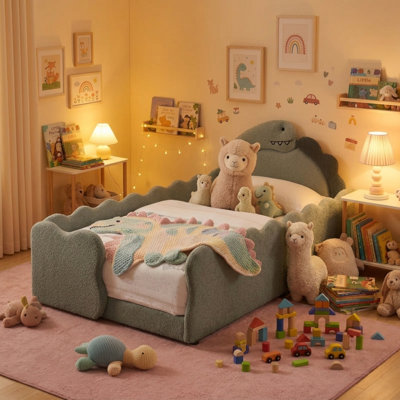 Cadre de lit simple pour enfant avec garde-corps de sécurité, cadre de lit pour tout-petit en forme de dinosaure pour enfants pour chambre à coucher, tissu bouclé, gris