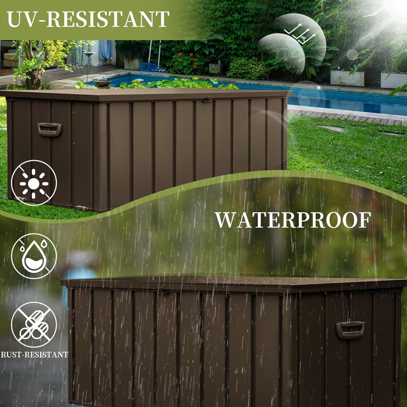Bac de rangement imperméable pour terrasse 100G - verrouillable, brun foncé pour outils et coussins de jardin
