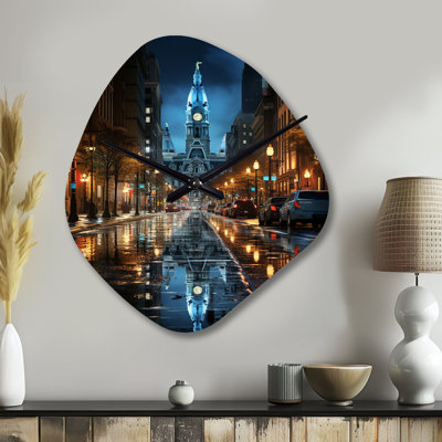 Madigan Philadelphia Beautiful Cityscape - Philadelphia Irregular Shape Metal Wall Clock, Blue Asymmetrical Metal Wall Clock Print