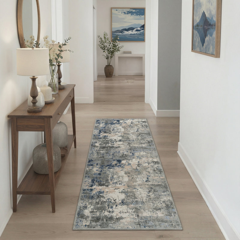 Aastha Modern Abstract Machine Washable Navy Blue/Charcoal Grey/Beige Indoor Area Rug with Non-Slip Backing, Runner 2'6" x 8'