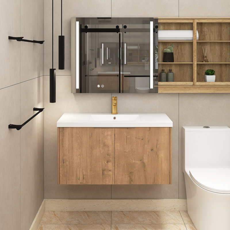 Meuble-lavabo simple 35,4 po avec plateau en résine Andelka, Imitation chêne