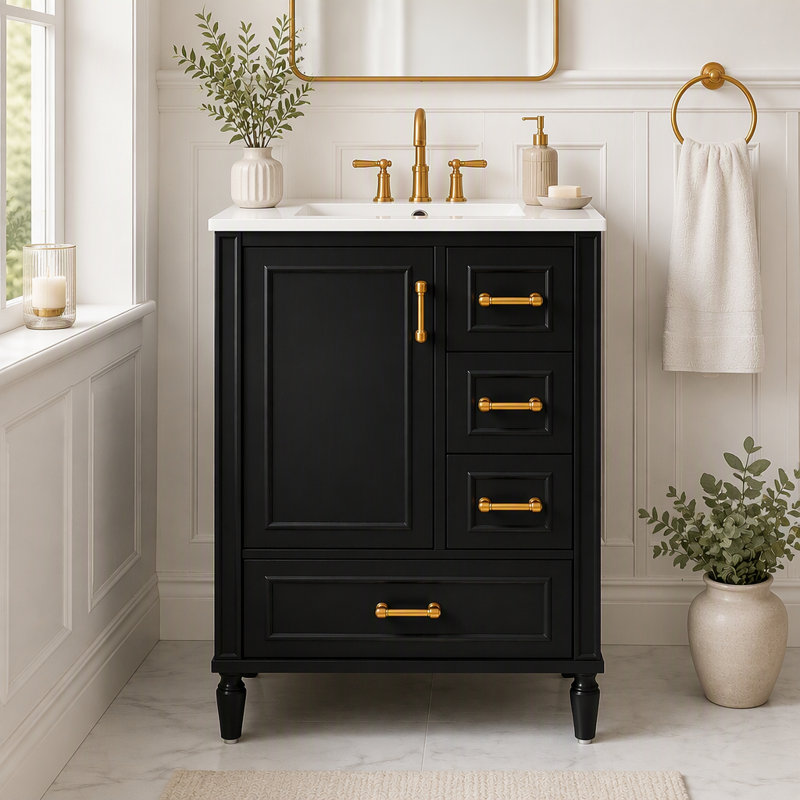 Meuble-lavabo moderne 24 po avec lavabo en céramique, porte à fermeture douce, 3 tiroirs et support de porte