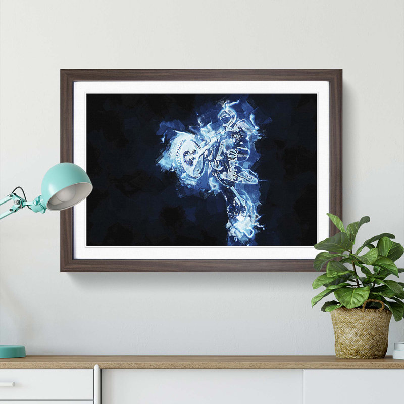 Blue Neon Motocross in Abstract - Picture Frame Painting Print, Walnut Framed, 48cm H x 65cm W x 2cm D