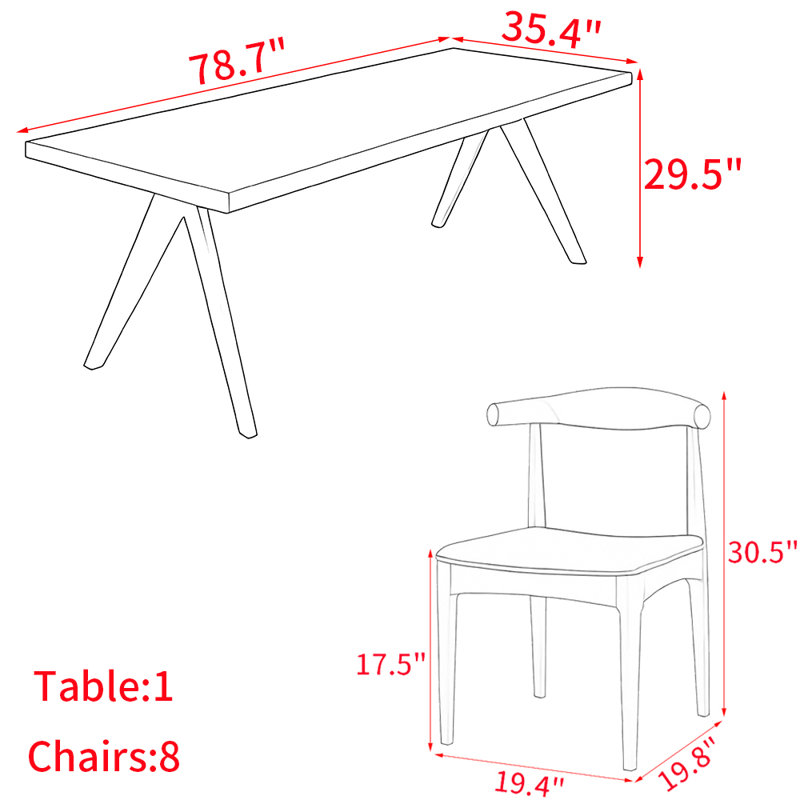 Modern simple solid wood dining table set., 29.5"H x 78.7"L x 31.4"W