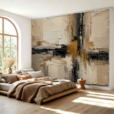 Papier peint adhésif, peinture abstraite, couleurs terreuses, tons neutres, papier autocollant amovible, décoration murale pour salon, chambre à coucher H 69 po x l 96 po