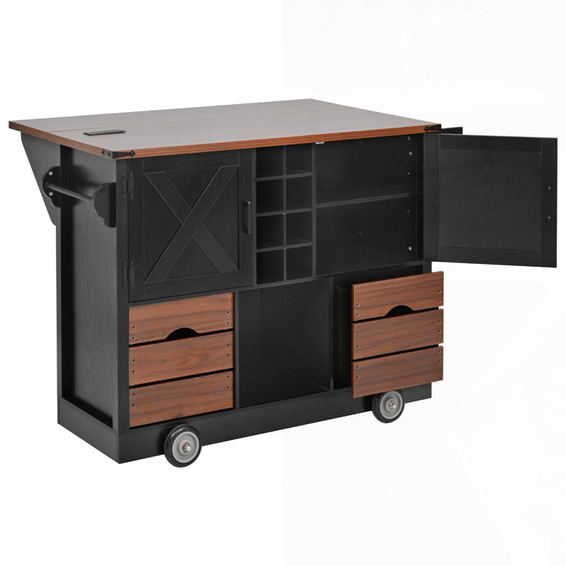 Farmhouse Kitchen Island With Drop Leaf, Power Outlet, And Spacious Storage For Enhanced Functionality And Style In Any Kitchen Or Dining Room.