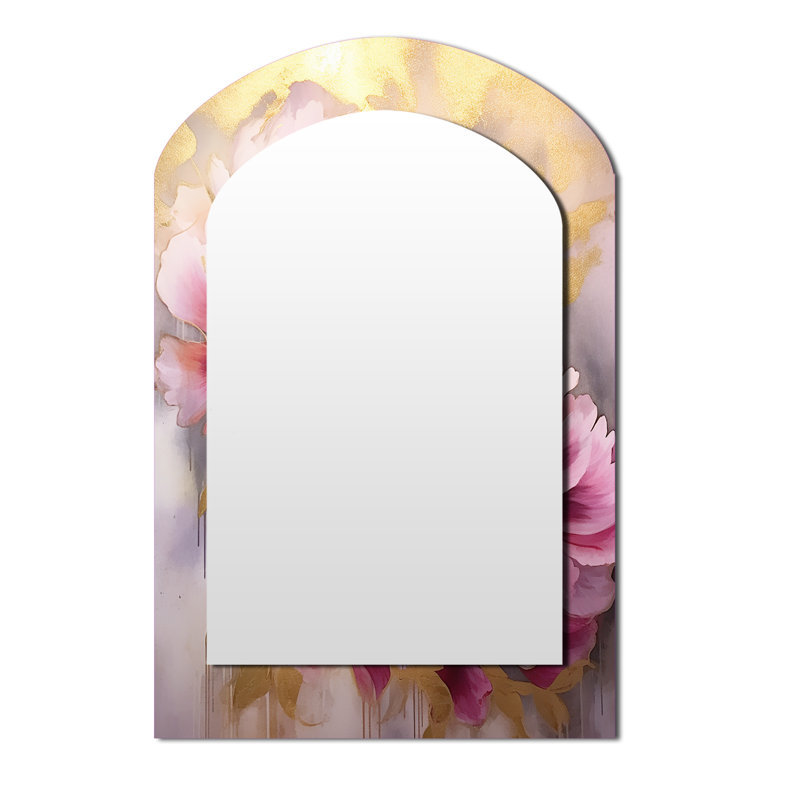 Pink And Gold Peonies In Radiance I - Peonies Asymmetrical Unique Wall Mirror, Traditional Arch Mirror, Printed Metal Art