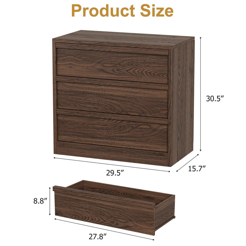 Compact Walnut Nightstand with 3 Drawers – 30” Tall Secure Side Table. Perfect as a . Living Room. or Entryway Accent