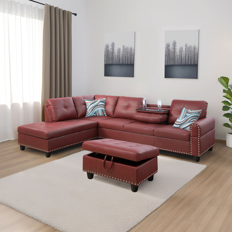Canapé modulaire avec repose-pieds Plyler, Orienté à gauche (vu de face), Similicuir rouge