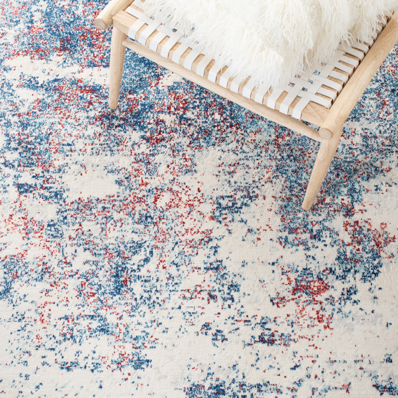 Tapis abstrait gris clair / bleu N'Keal, Carré 5 pi, Navy/Red