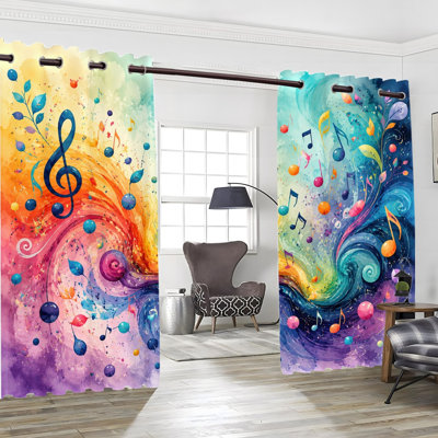 2Pcs Rideau occultant avec œillets à motif aquarelle et motif de mélodie, rideaux occultant artistique, rideaux en polyester, isolation thermique et réduction du bruit, protection de la vie privée, décoration intérieure élégante pour la chambre à coucher, le salon