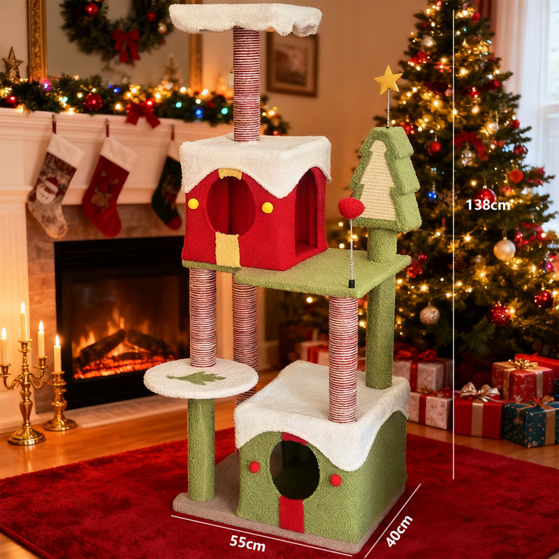 Arbre à chat de Noël de 54 pouces de hauteur avec une base stable et une haute tour souple pour chats de 54 pouces offrant un coffre-fort de divertissement à plusieurs niveaux