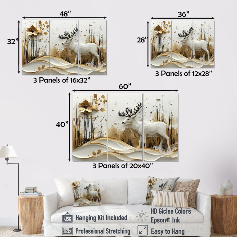 «White Christmas Winter Reindeer Magic II - Christmas Santa Deer», ensemble de reproductions d'art mural, Toile tendue