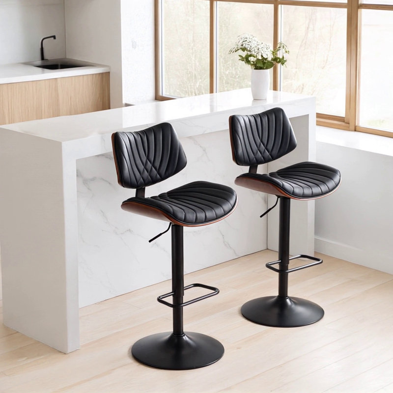 Chaises de bar pivotantes réglables Mid-Century, Similicuir noir