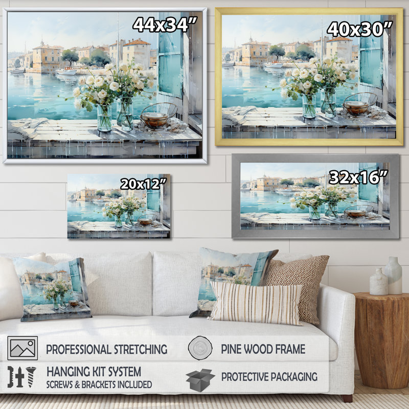 «Blue Window Beachfront View Blooms II - Coastal Windows», art mural, Cadre flottant brun, H 16 po x l 32 po x P 1 po