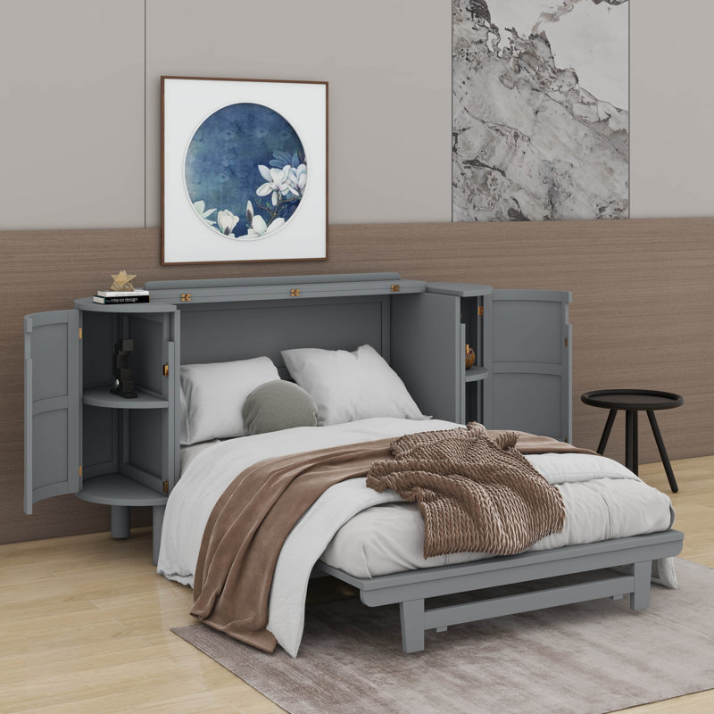 Lit escamotable double avec rangement caché et conception tissée moderne, Gris, Lit double