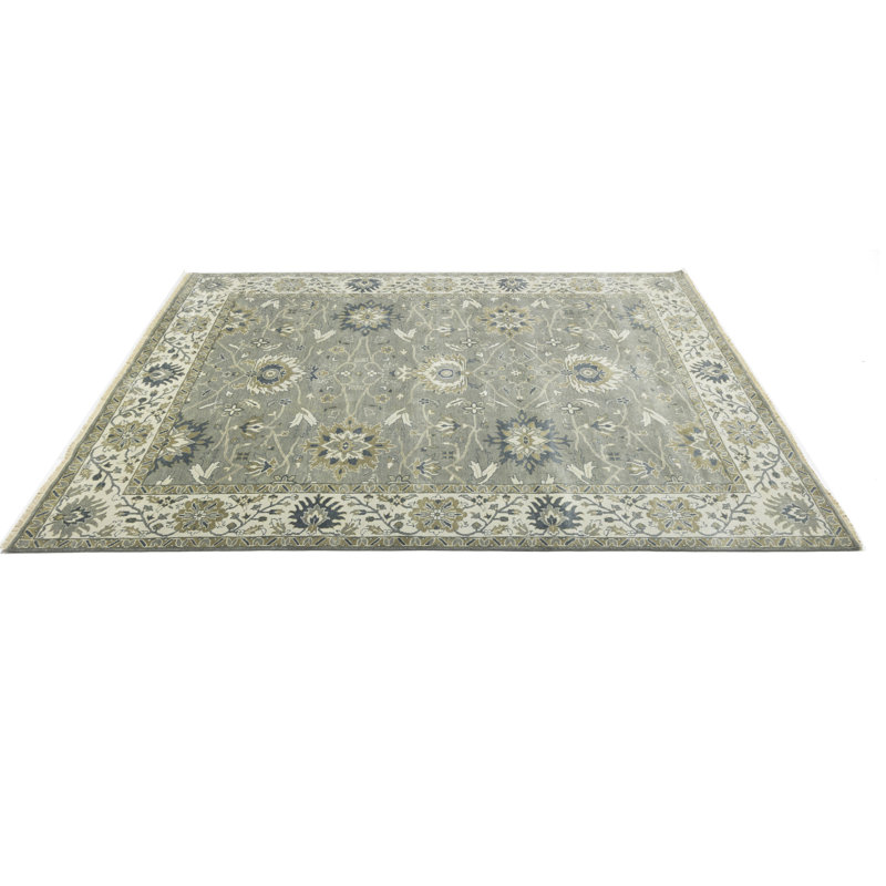 Floral Handmade Hand-Knotted Rectangle 9'1" x 11'10" Wool Area Rug in Cream