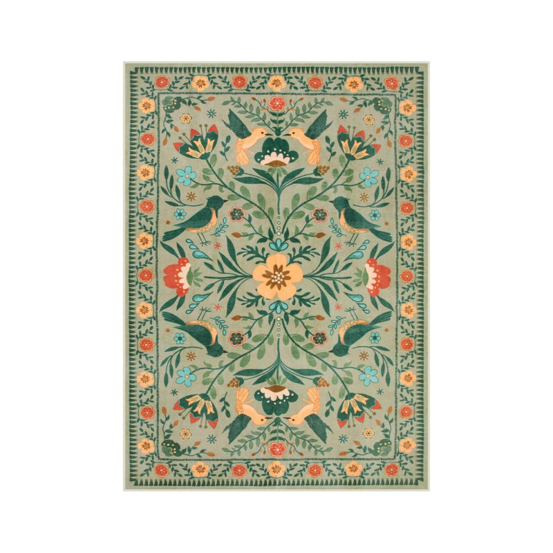 Folk Art Bird Floral Area Rug 5' x 7' for Nursery, Green Multicolor