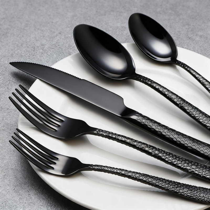 Ensemble de couverts 20 pièces en acier inoxydable pour 4 personnes, ensemble de couverts à texture martelée, argenterie de qualité alimentaire allant au lave-vaisselle pour un usage domestique