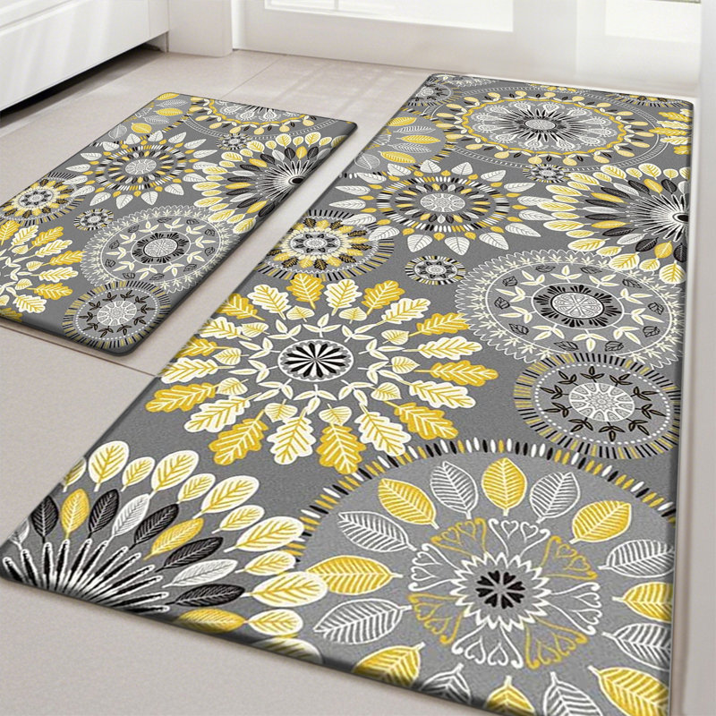 Jalissia Anti-Fatigue Non-Skid Kitchen Mat, Runner 20" x 31.5" + 20" x 59", Gray/Yellow/Black/White