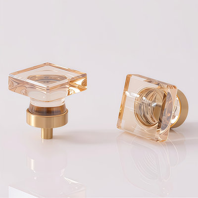 Modern Square Crystal Glass Cabinet Knobs, Clear Champagne With Polished Brass Alloy Base, For Cabinets, Drawers (set Of 2)