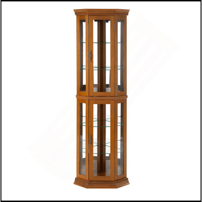 Gorgeous Corner Curio Cabinet With Adjustable Glass Shelves And Mirrored Back, Ideal For Displaying Treasured Items.