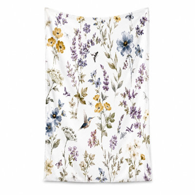 1Pcs Vintage Floral Hummingbird Beach Towel, featuring delicate watercolor flowers and hummingbirds on a white background. Large microfiber, perfect f
