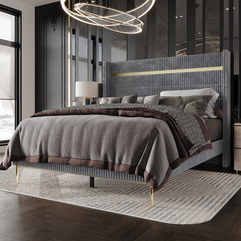 Lit tapissier standard à profil bas Anaika Corduroy, gris, Grand