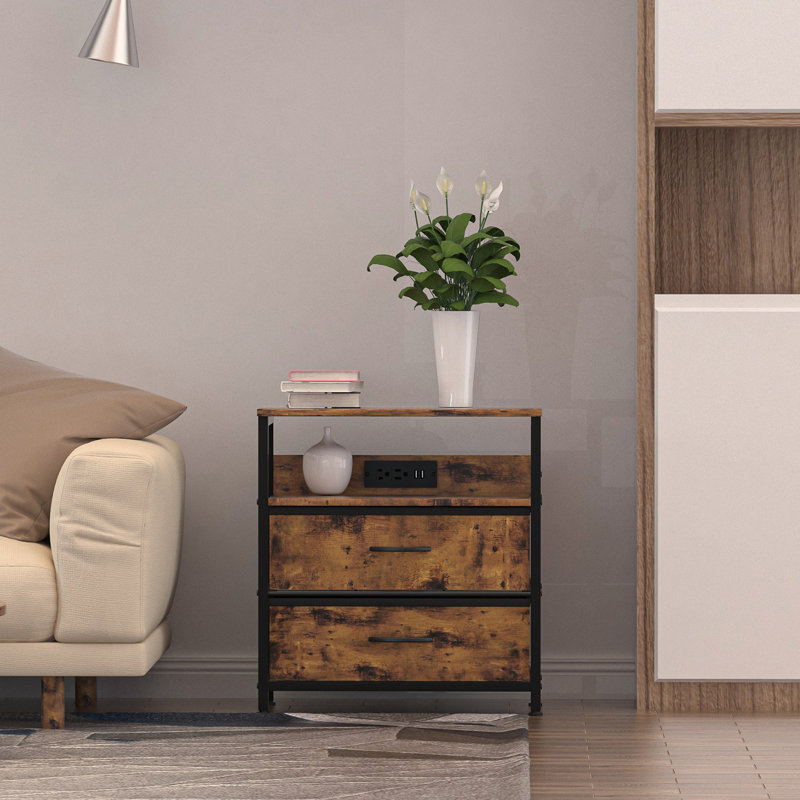 Kaderius 2 - Drawer End Table and Built-In Outlets, Brown
