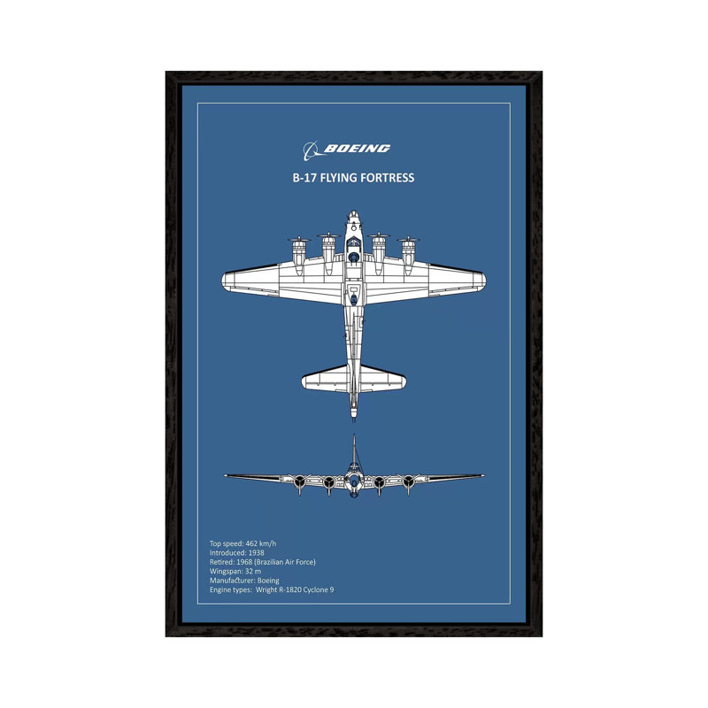 BP B17 FlyingFortress 1 Piece Wall Art on Canvas, 101.6 cm H x 66.04 cm W, Black Framed