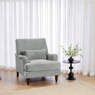 Upholstered Nailhead Trim Accent Chair With Throw Pillow And Solid Wood Legs