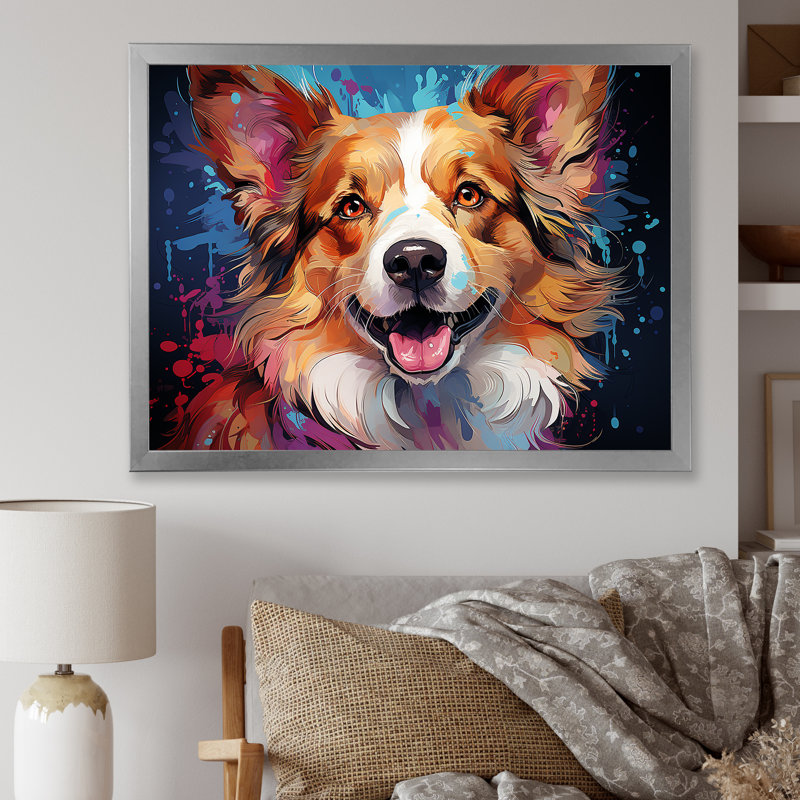 Corgi Charm I sur toile, Cadre simple argenté, H 44 po x l 34 po x P 1,5 po