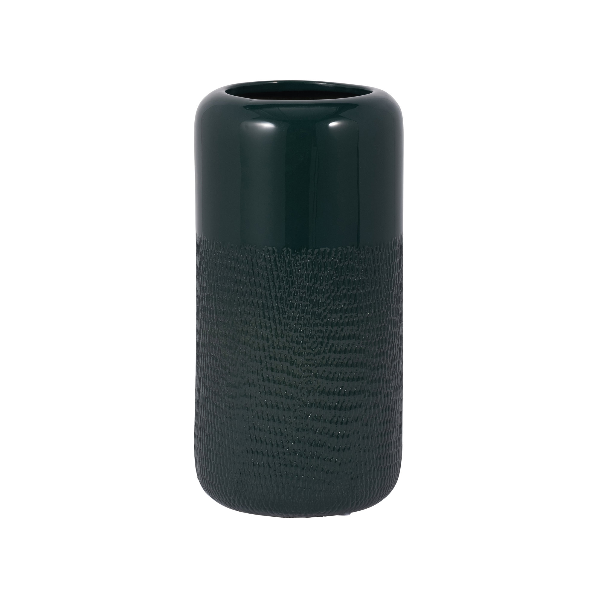 Rachael Stoneware Ceramic Vase with Textured Body and Rounded Rim Design, 10" H x 5" W x 5" D, Green