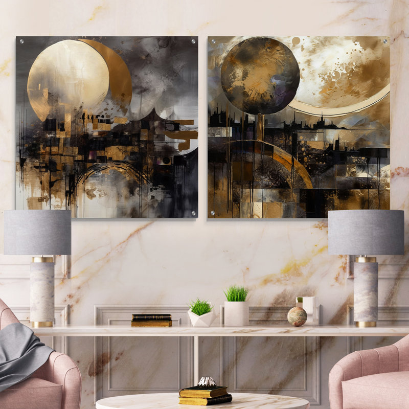 Exploring The Evolving Golden Moon I - Landscape Modern Acrylic Wall Art Glass Set Of 2, 30" H x 61" W