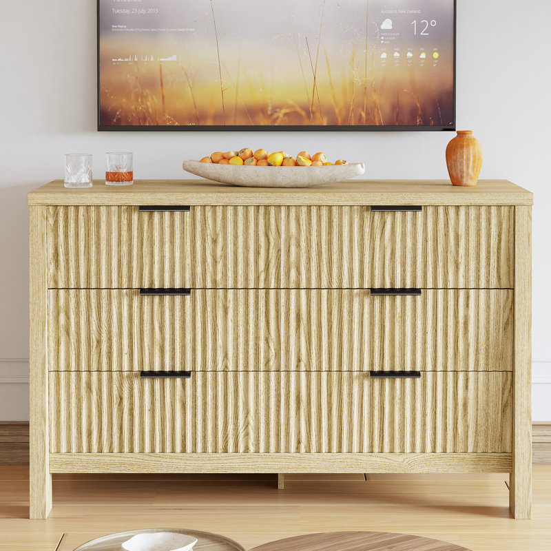 Commode 6 tiroirs cannelée pour chambre à coucher, commode moderne avec plateau imperméable, Chêne naturel