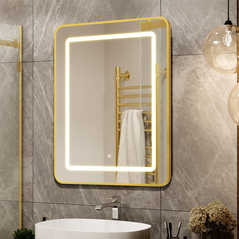 W H Framed Medicine Cabinet Mirror Fixed, 30" H x 20" W x 5" D, Gold